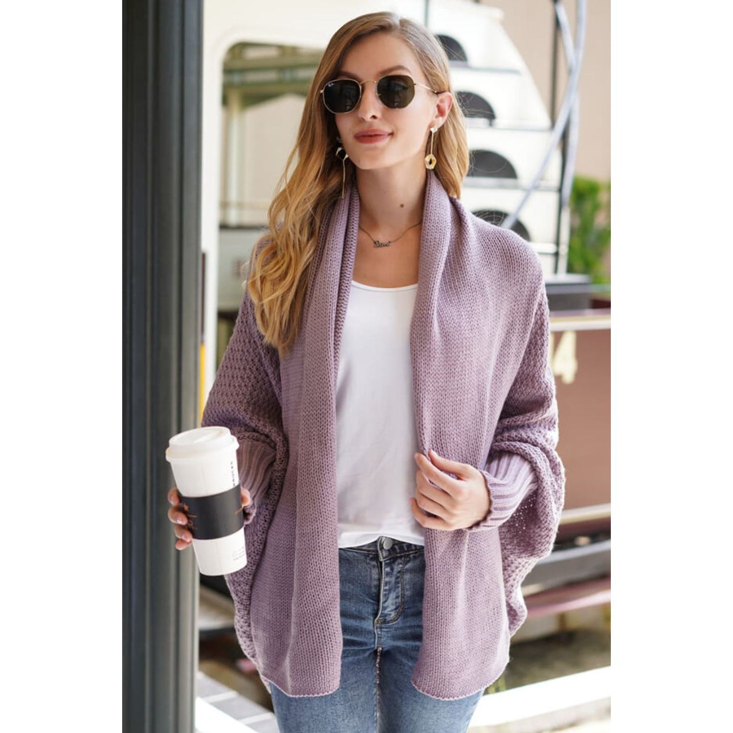 DOUBLE TAKE Dolman Sleeve Open Front Ribbed Trim Longline Cardigan