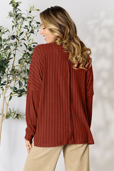 BASIC BAE Full Size Ribbed Round Neck Slit Knit Top