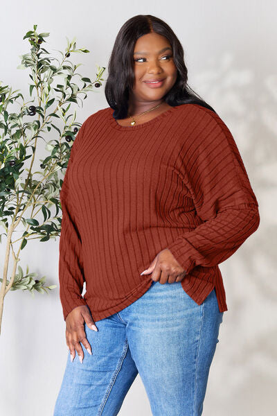 BASIC BAE Full Size Ribbed Round Neck Slit Knit Top