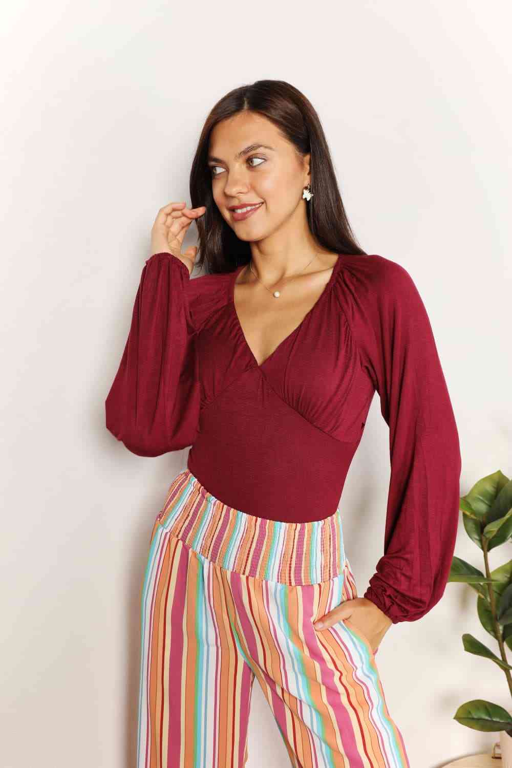 CULTURE CODE Full Size Wine V-Neck Bodysuit ( S-3XL)