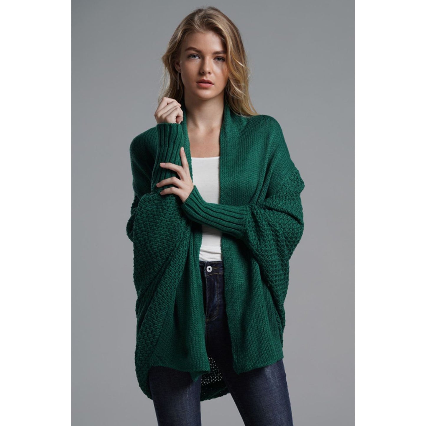 DOUBLE TAKE Dolman Sleeve Open Front Ribbed Trim Longline Cardigan