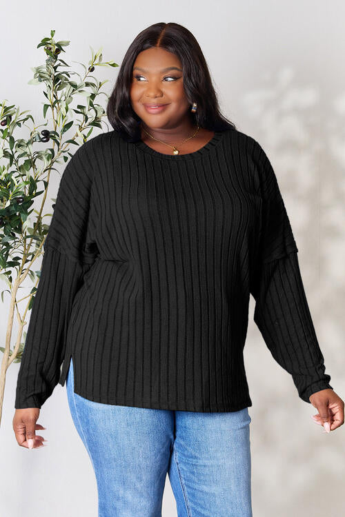 BASIC BAE Full Size Ribbed Round Neck Slit Knit Top