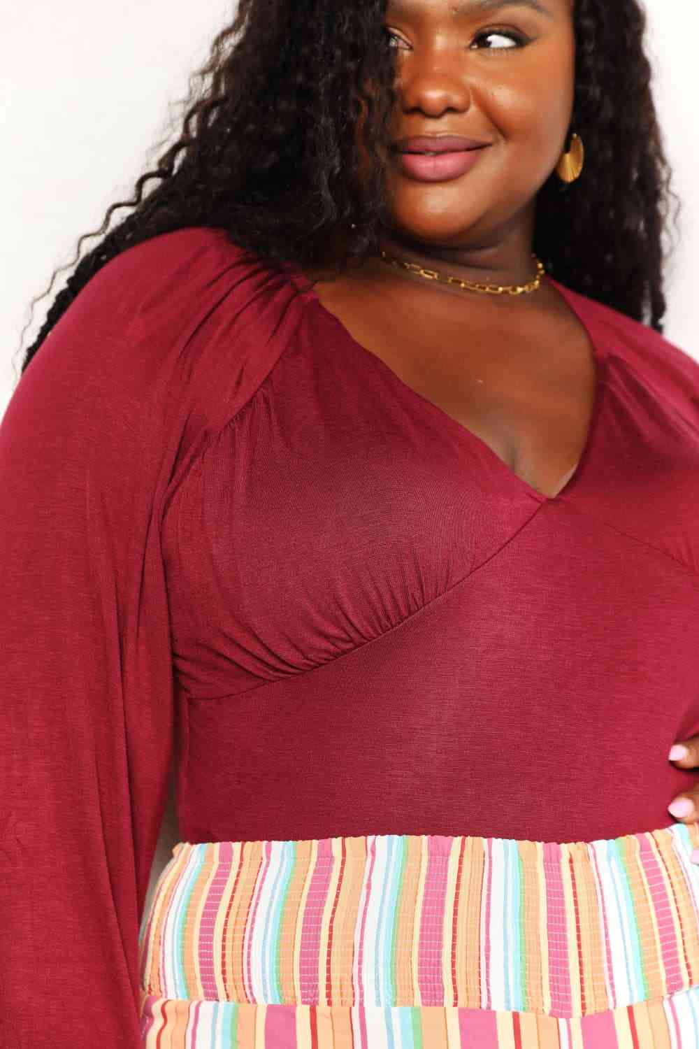 CULTURE CODE Full Size Wine V-Neck Bodysuit ( S-3XL)
