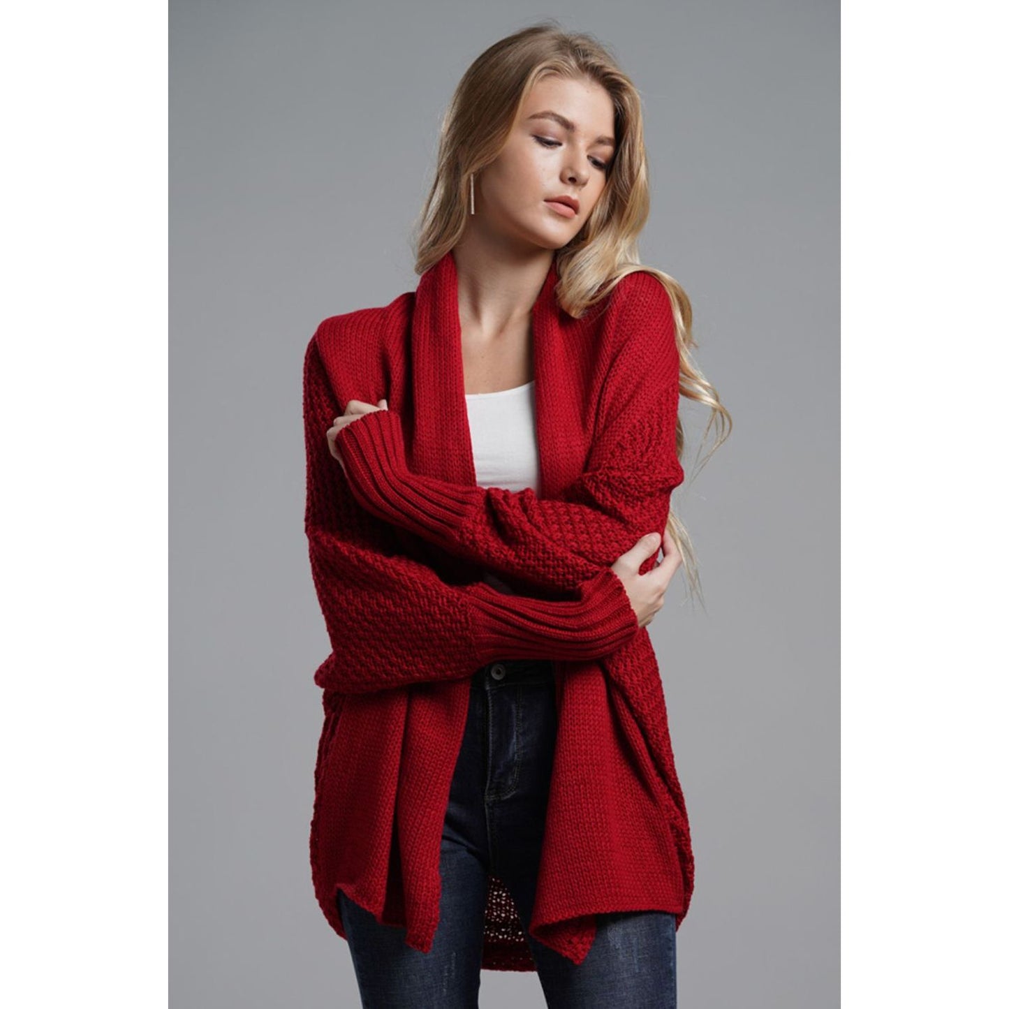 DOUBLE TAKE Dolman Sleeve Open Front Ribbed Trim Longline Cardigan