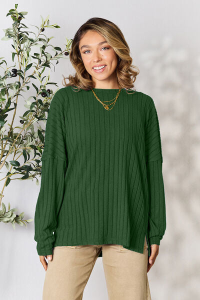 BASIC BAE Full Size Ribbed Round Neck Slit Knit Top