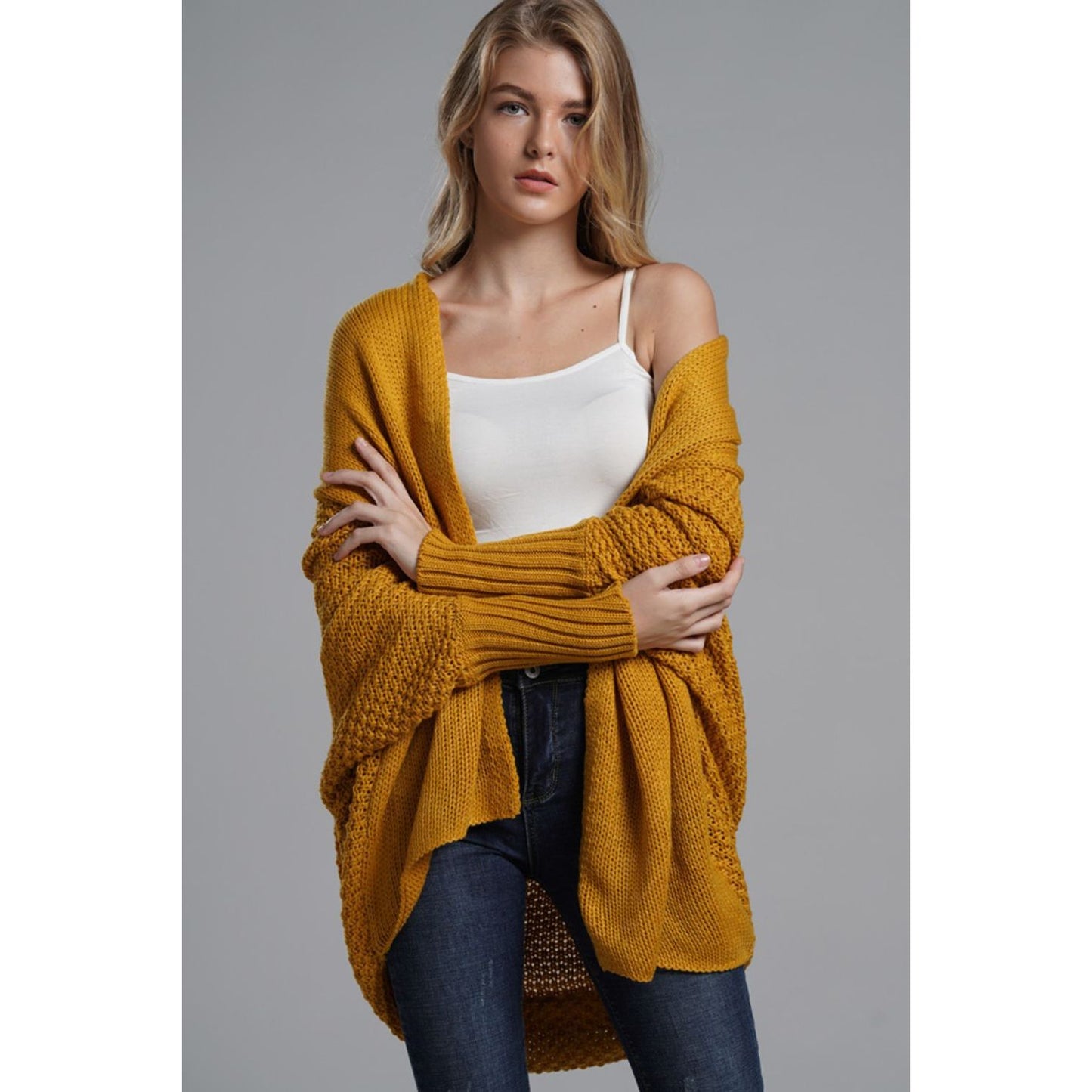 DOUBLE TAKE Dolman Sleeve Open Front Ribbed Trim Longline Cardigan