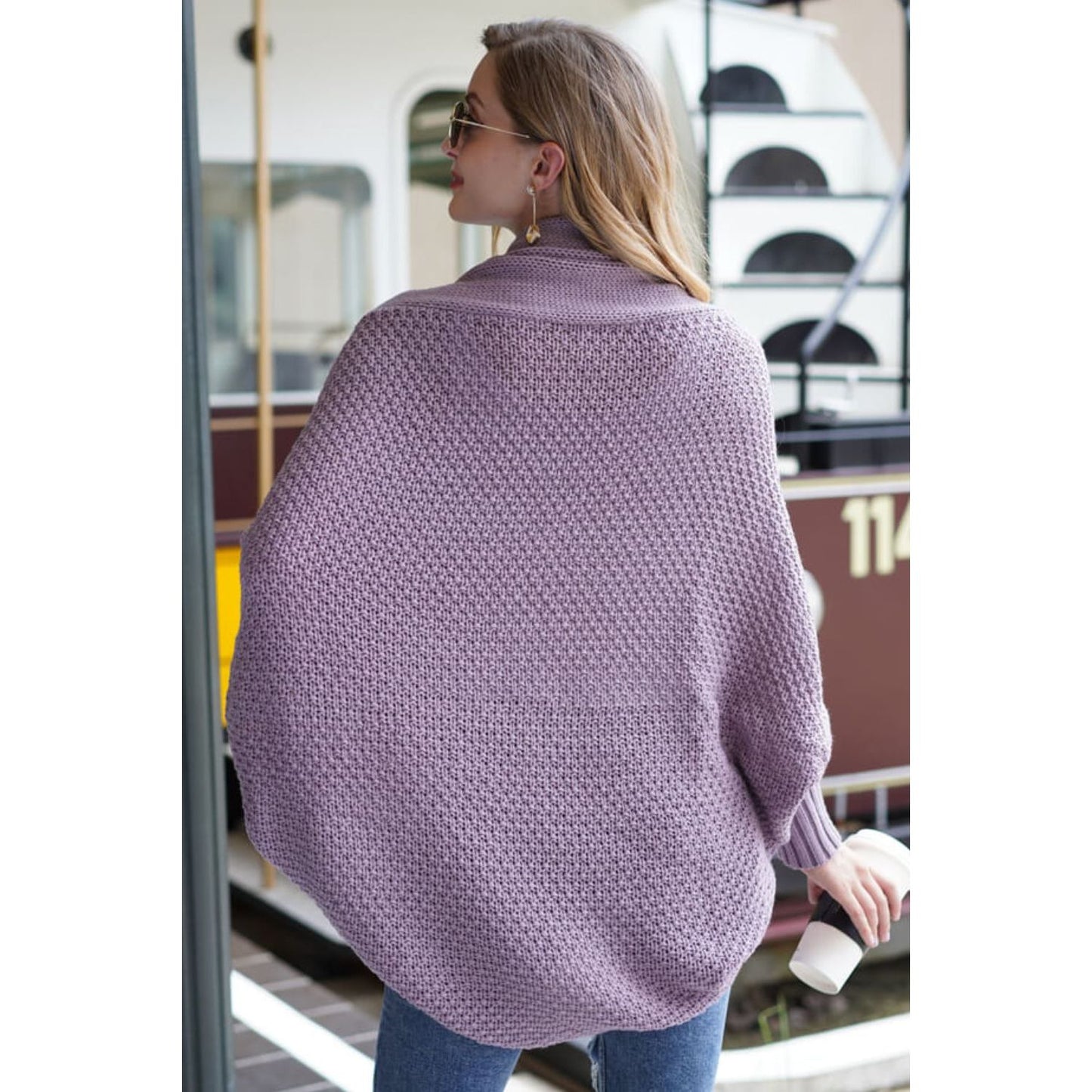 DOUBLE TAKE Dolman Sleeve Open Front Ribbed Trim Longline Cardigan