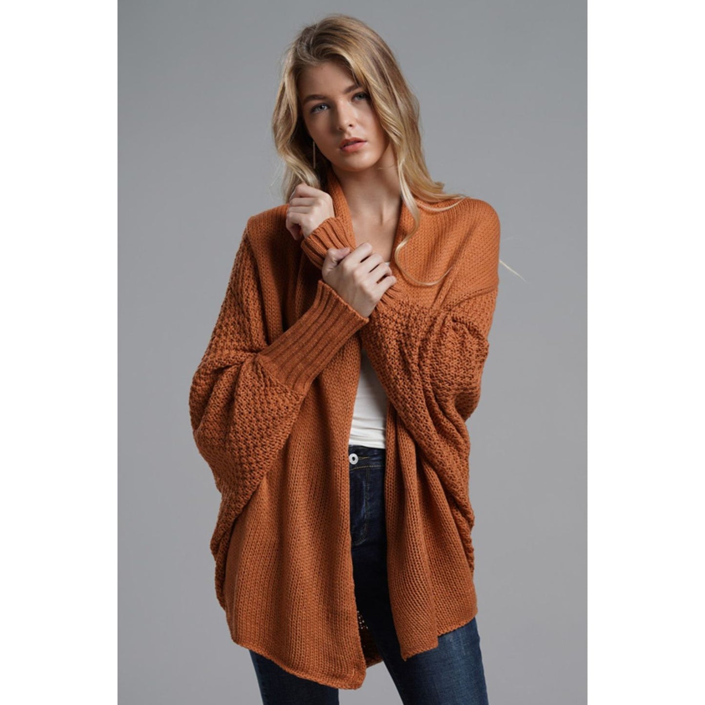 DOUBLE TAKE Dolman Sleeve Open Front Ribbed Trim Longline Cardigan