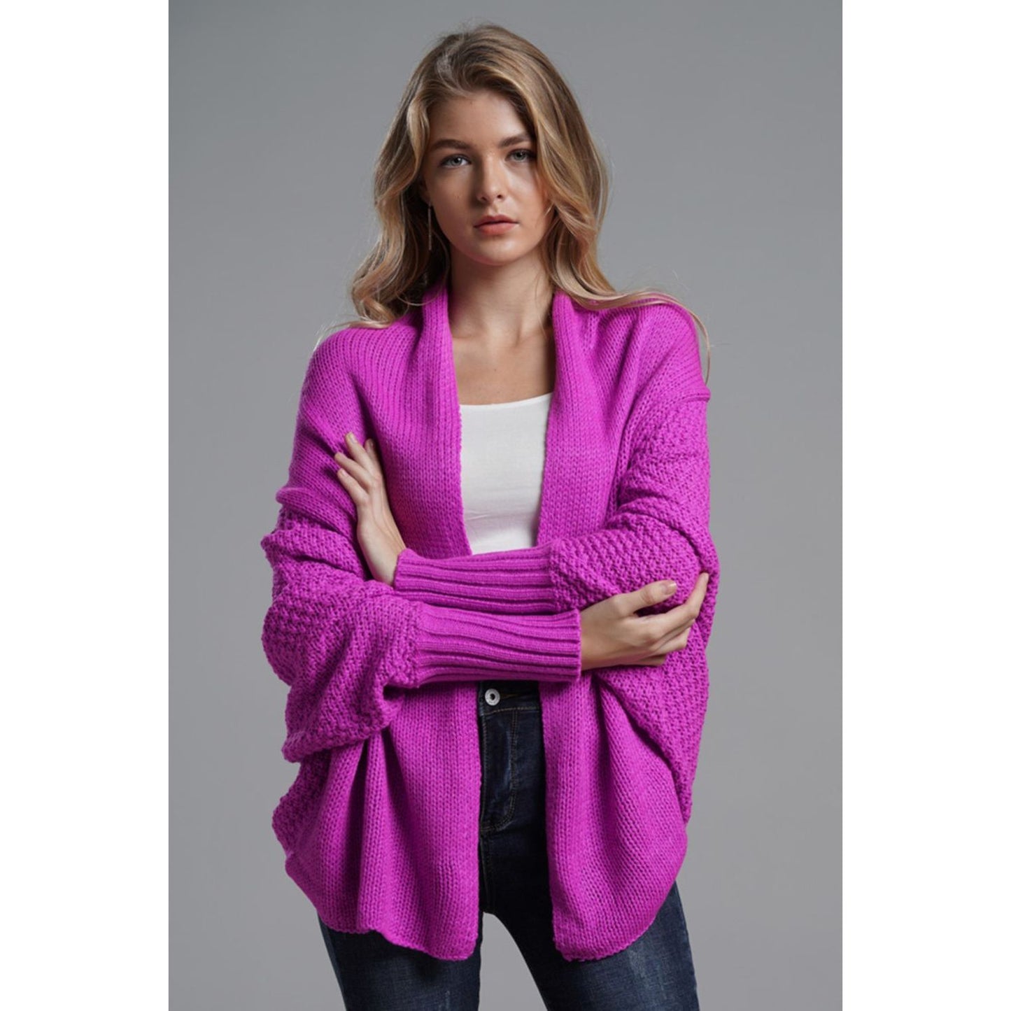 DOUBLE TAKE Dolman Sleeve Open Front Ribbed Trim Longline Cardigan