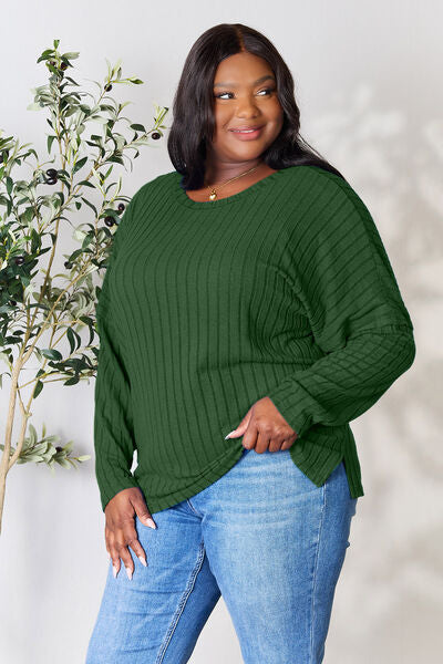 BASIC BAE Full Size Ribbed Round Neck Slit Knit Top