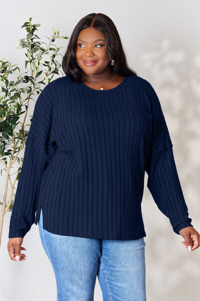BASIC BAE Full Size Ribbed Round Neck Slit Knit Top