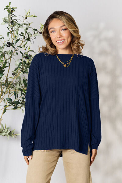 BASIC BAE Full Size Ribbed Round Neck Slit Knit Top