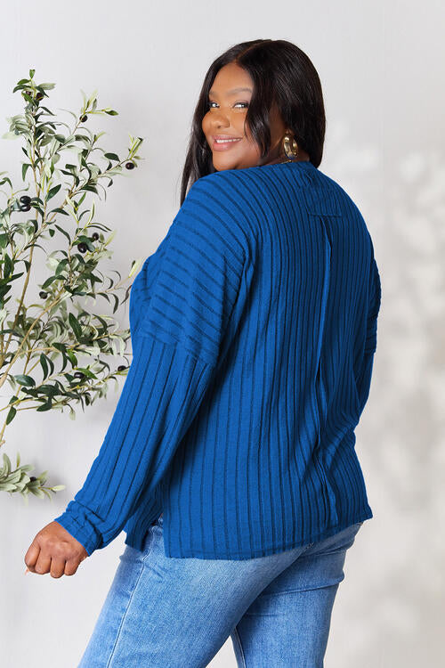 BASIC BAE Full Size Ribbed Round Neck Slit Knit Top