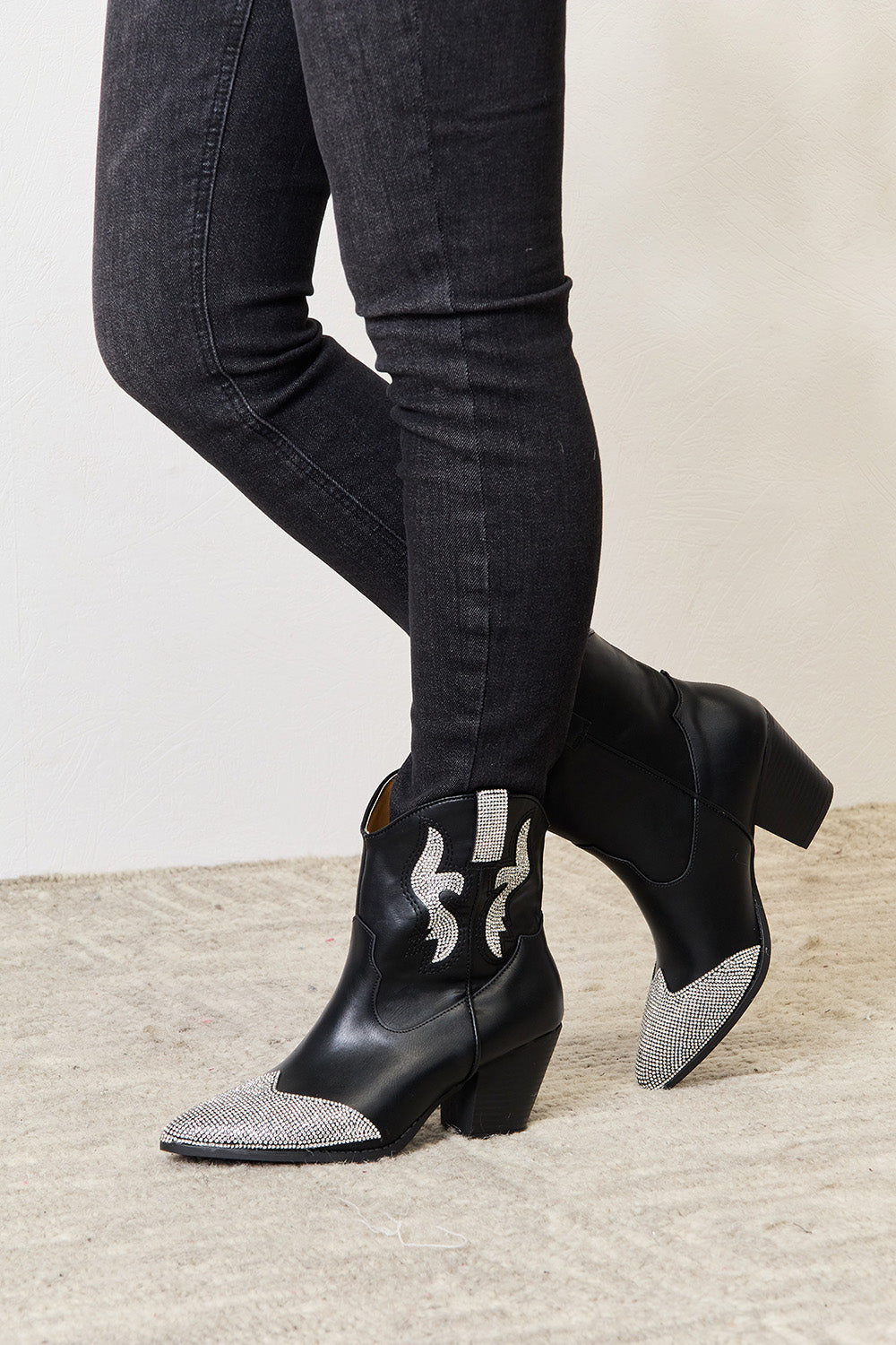 EAST LION CORP Black Rhinestone Pointed High Ankle Boots