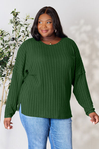 BASIC BAE Full Size Ribbed Round Neck Slit Knit Top