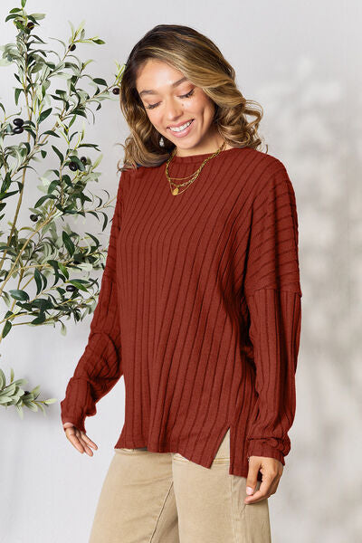 BASIC BAE Full Size Ribbed Round Neck Slit Knit Top