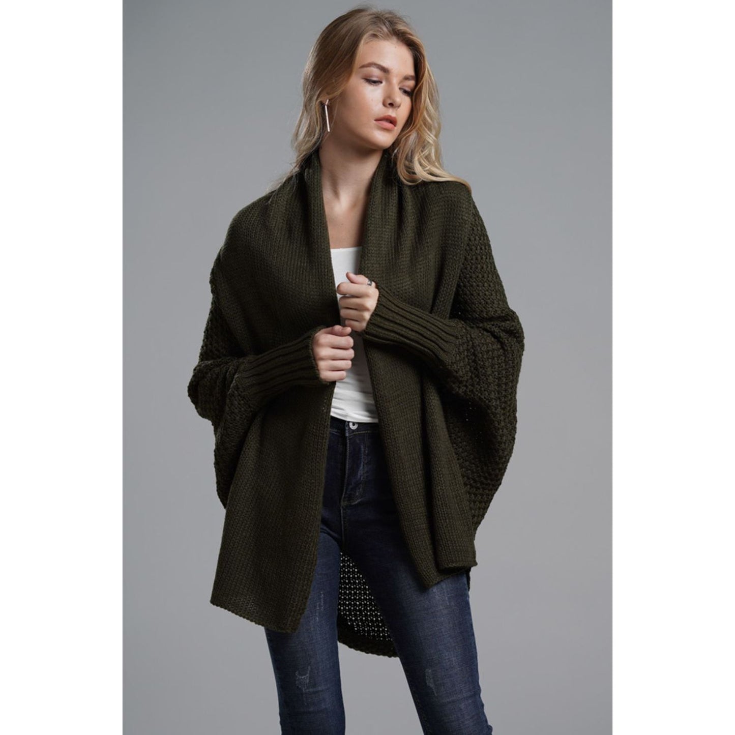 DOUBLE TAKE Dolman Sleeve Open Front Ribbed Trim Longline Cardigan
