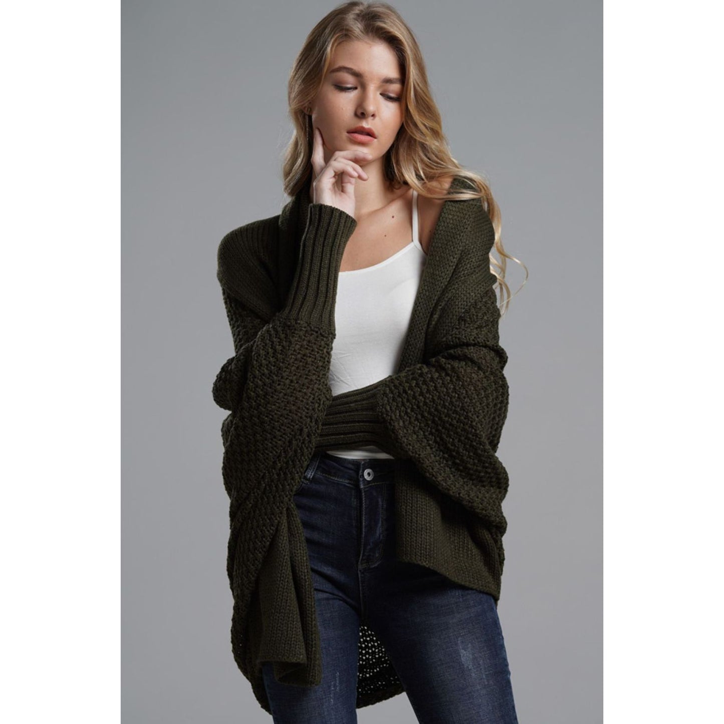 DOUBLE TAKE Dolman Sleeve Open Front Ribbed Trim Longline Cardigan