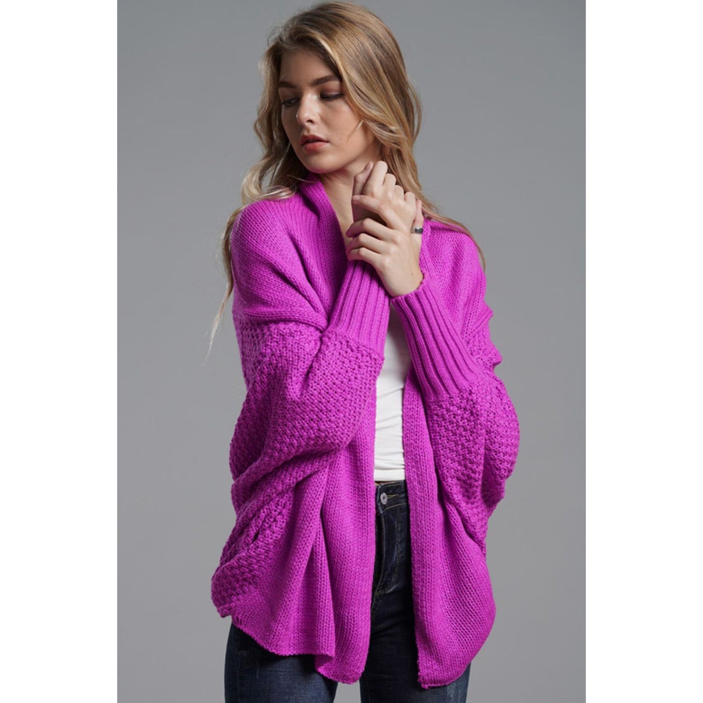DOUBLE TAKE Dolman Sleeve Open Front Ribbed Trim Longline Cardigan