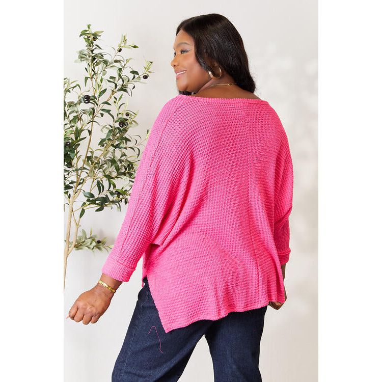ZENANA Full Size Round Neck High-Low Slit Knit Top
