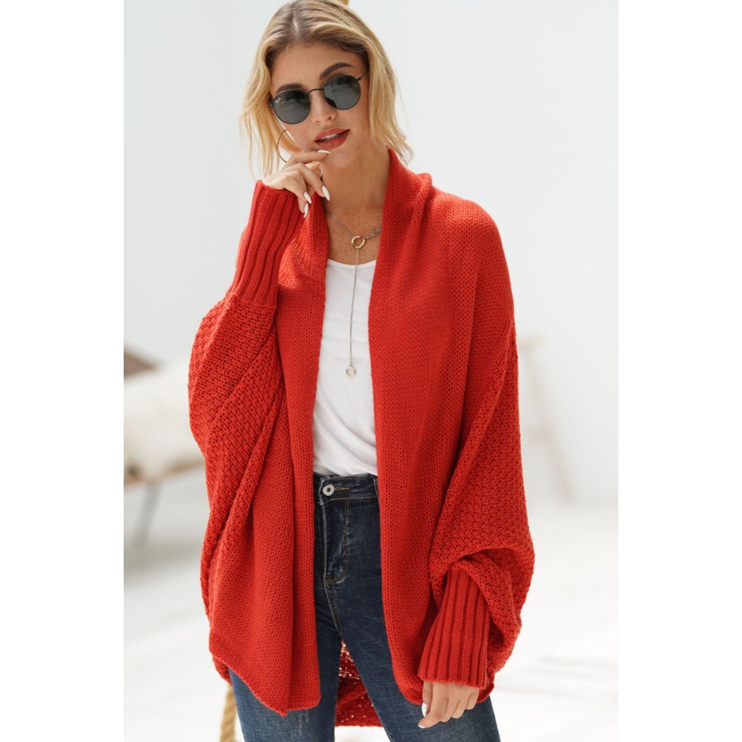DOUBLE TAKE Dolman Sleeve Open Front Ribbed Trim Longline Cardigan