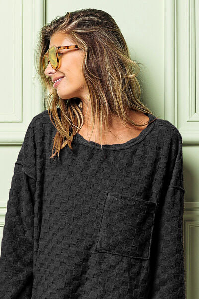 BiBi Checkered Round Neck Exposed Seam SweaterTop