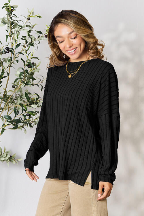 BASIC BAE Full Size Ribbed Round Neck Slit Knit Top