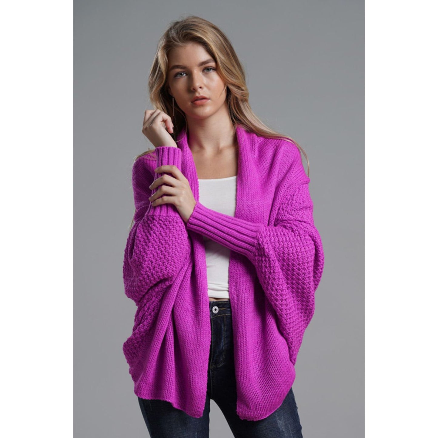 DOUBLE TAKE Dolman Sleeve Open Front Ribbed Trim Longline Cardigan