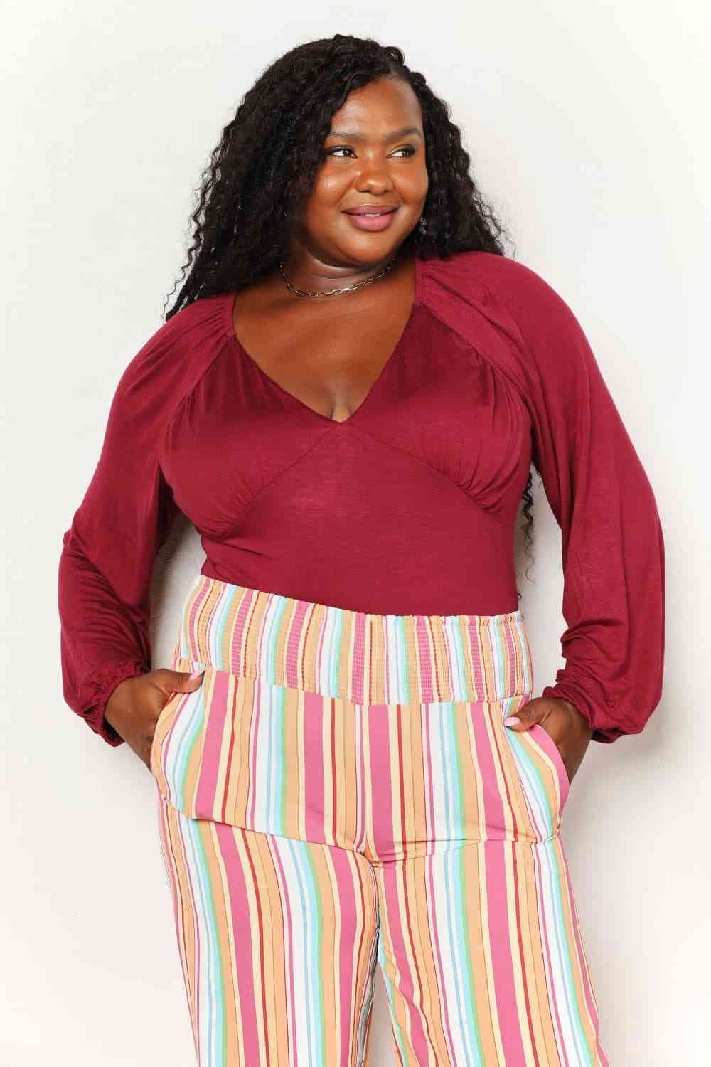 CULTURE CODE Full Size Wine V-Neck Bodysuit ( S-3XL)