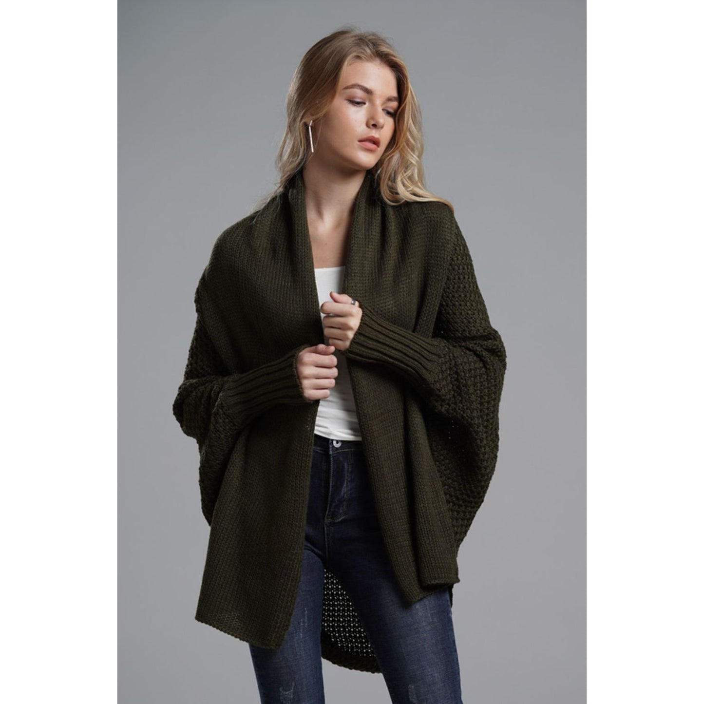 DOUBLE TAKE Dolman Sleeve Open Front Ribbed Trim Longline Cardigan
