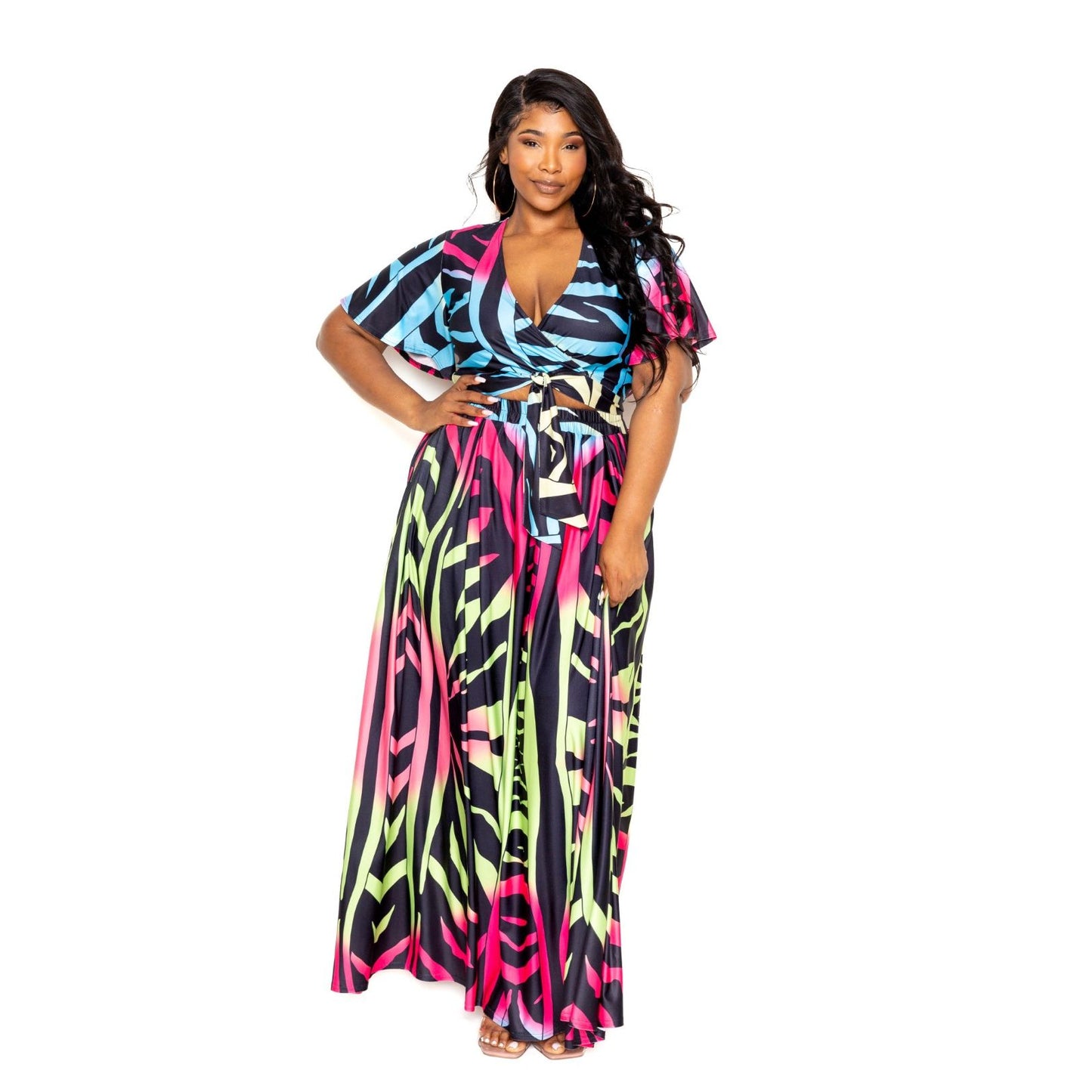 2 Piece Plus-size Ombre Zebra Print Maxi Skirt & Crop Top Set
