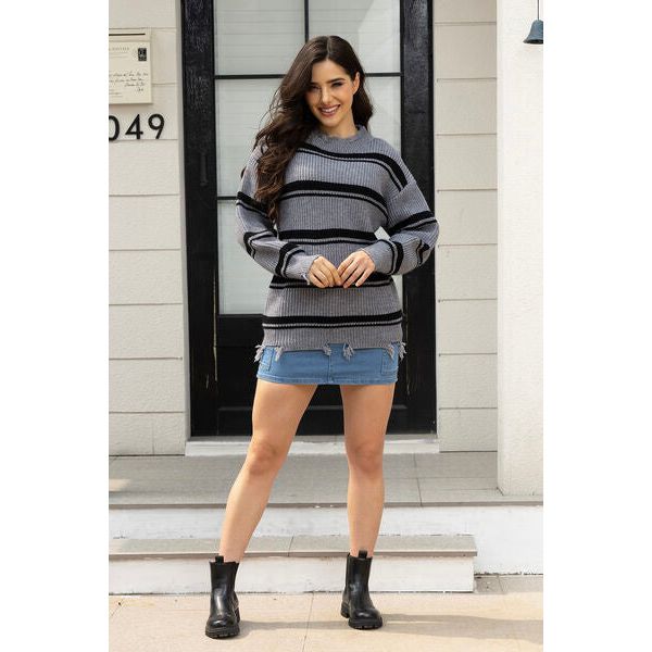 Striped Frayed Hem Round Neck Sweater