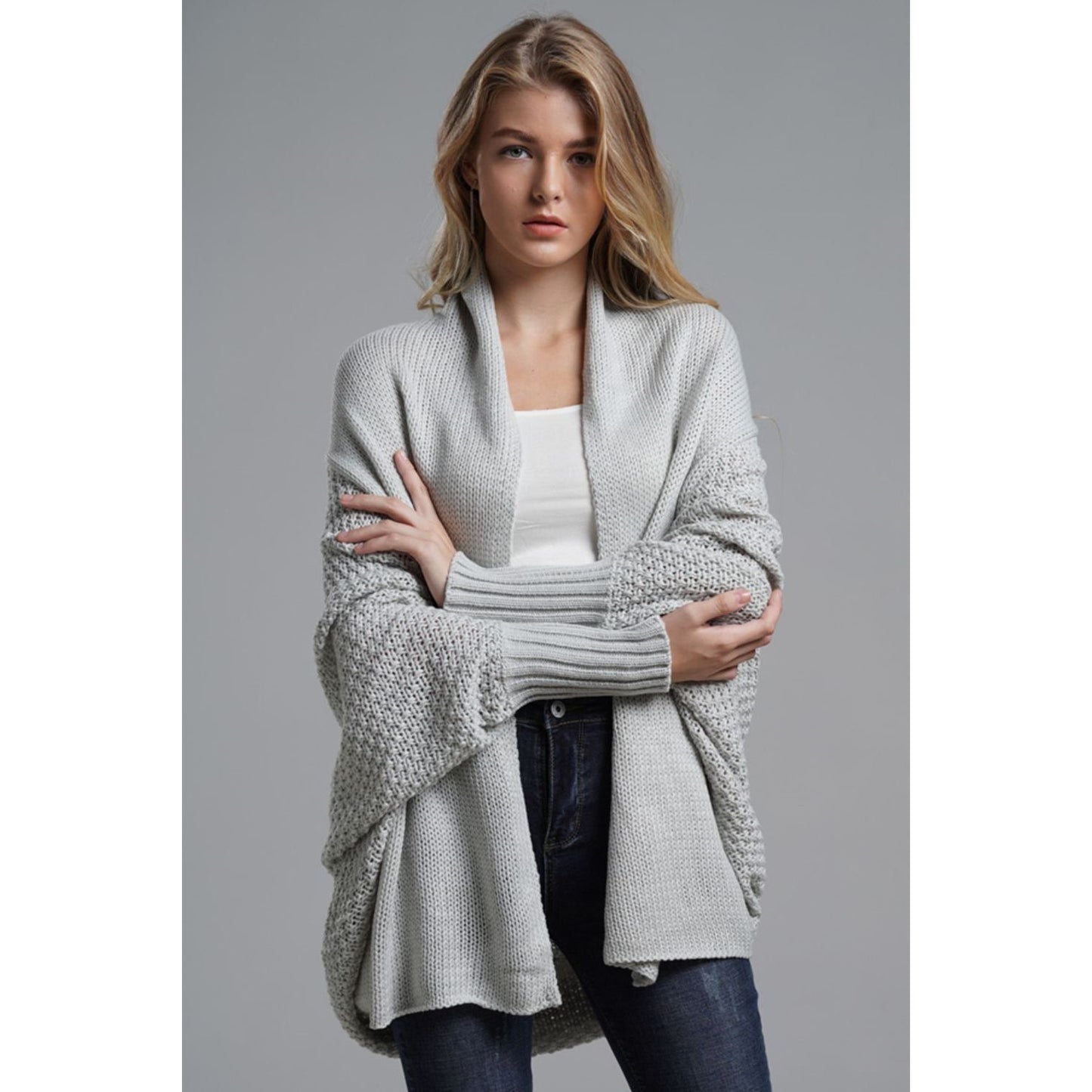 DOUBLE TAKE Dolman Sleeve Open Front Ribbed Trim Longline Cardigan
