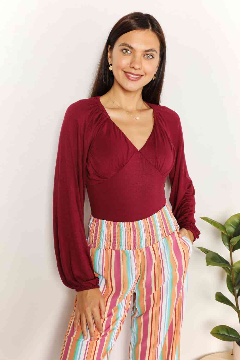 CULTURE CODE Full Size Wine V-Neck Bodysuit ( S-3XL)