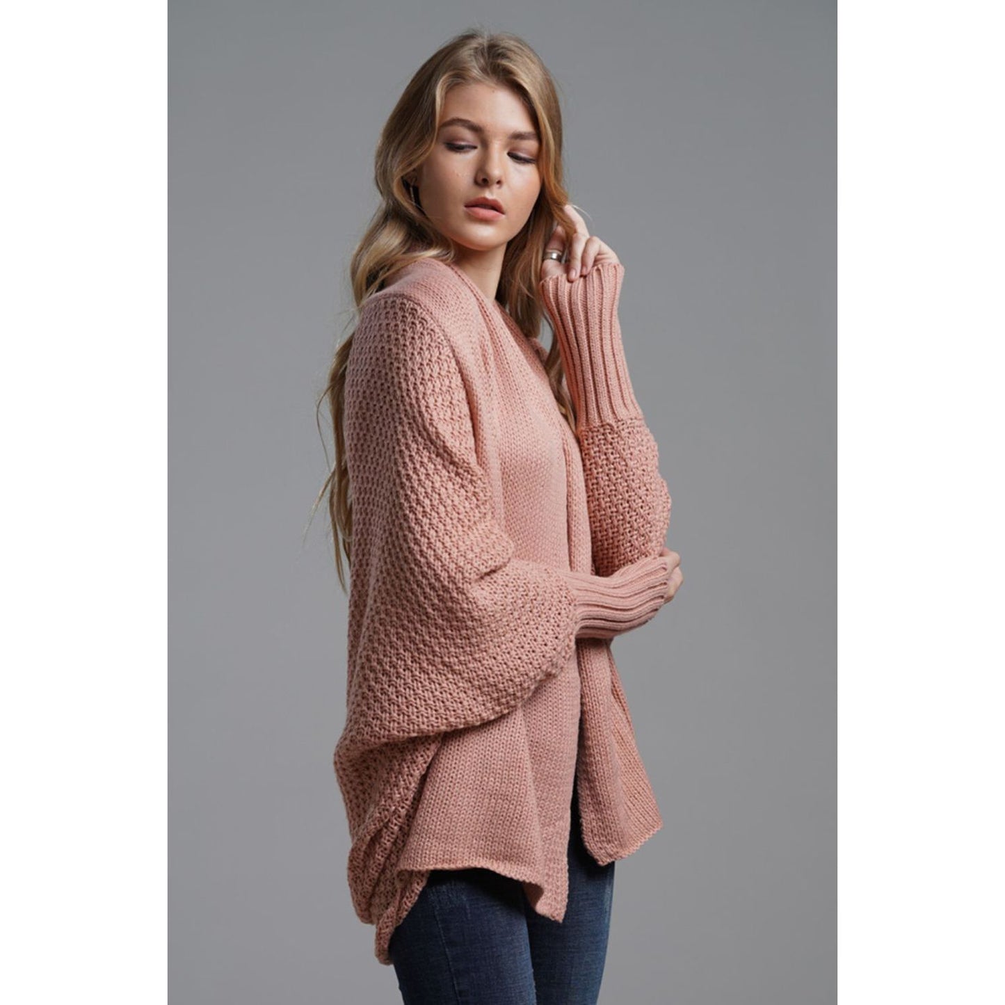 DOUBLE TAKE Dolman Sleeve Open Front Ribbed Trim Longline Cardigan