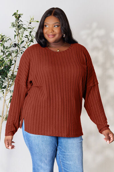BASIC BAE Full Size Ribbed Round Neck Slit Knit Top