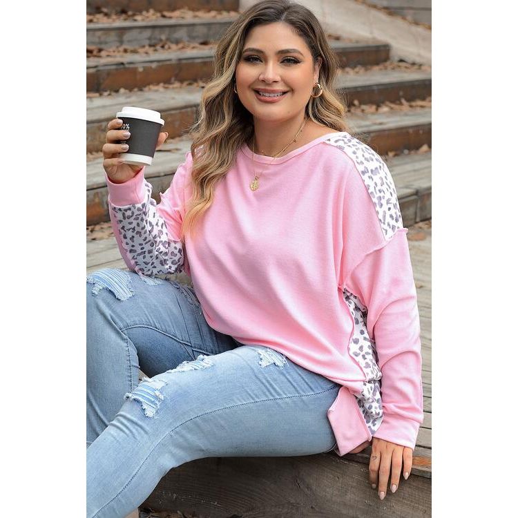 Plus Size Leopard Exposed Seam Long Sleeve Sweatshirt