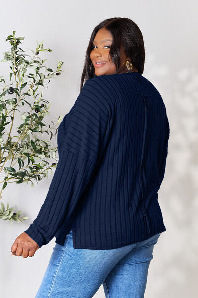 BASIC BAE Full Size Ribbed Round Neck Slit Knit Top