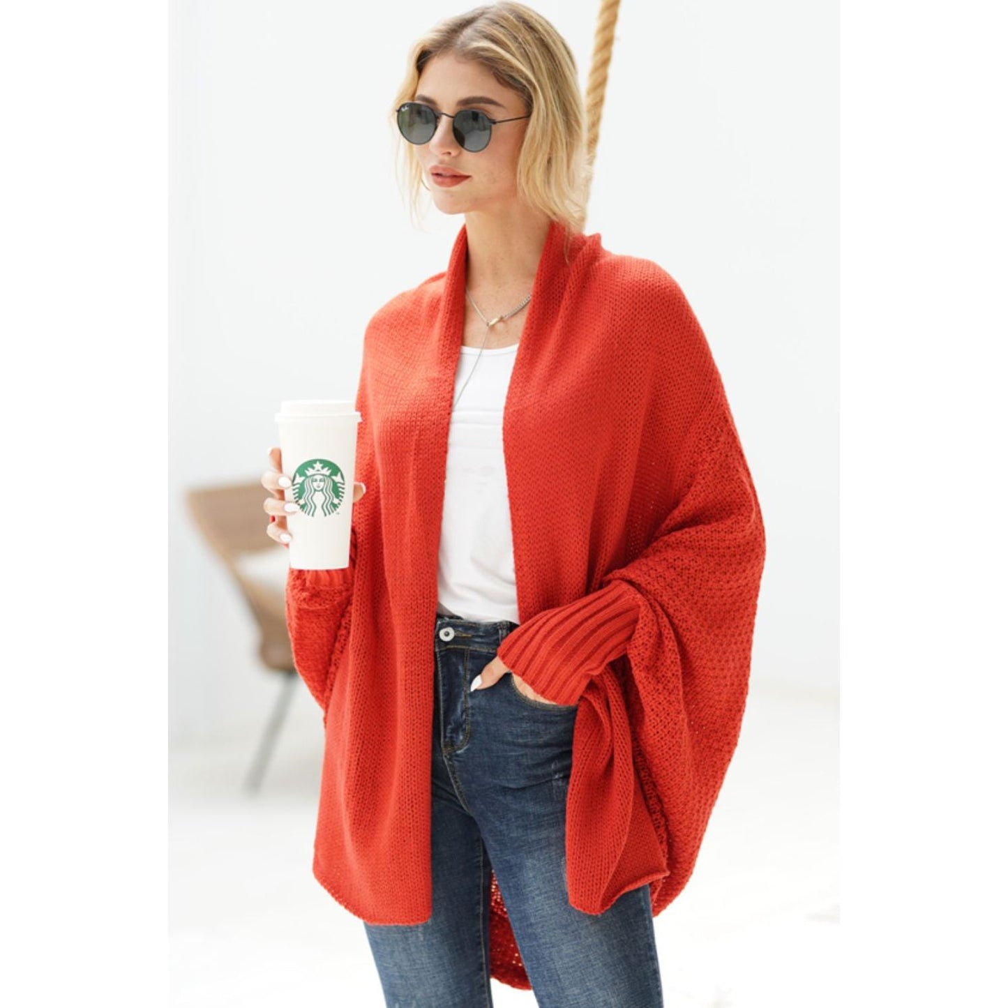 DOUBLE TAKE Dolman Sleeve Open Front Ribbed Trim Longline Cardigan