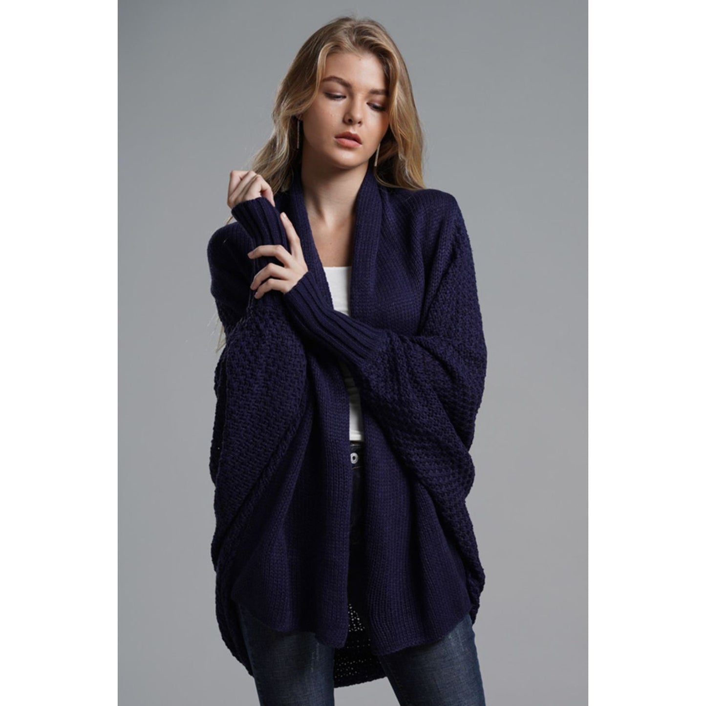 DOUBLE TAKE Dolman Sleeve Open Front Ribbed Trim Longline Cardigan
