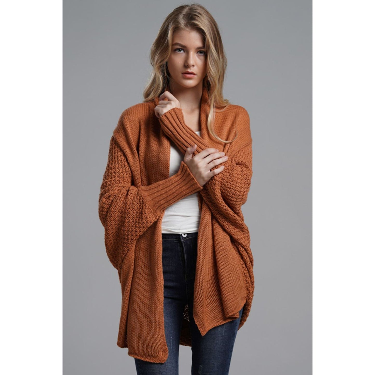 DOUBLE TAKE Dolman Sleeve Open Front Ribbed Trim Longline Cardigan
