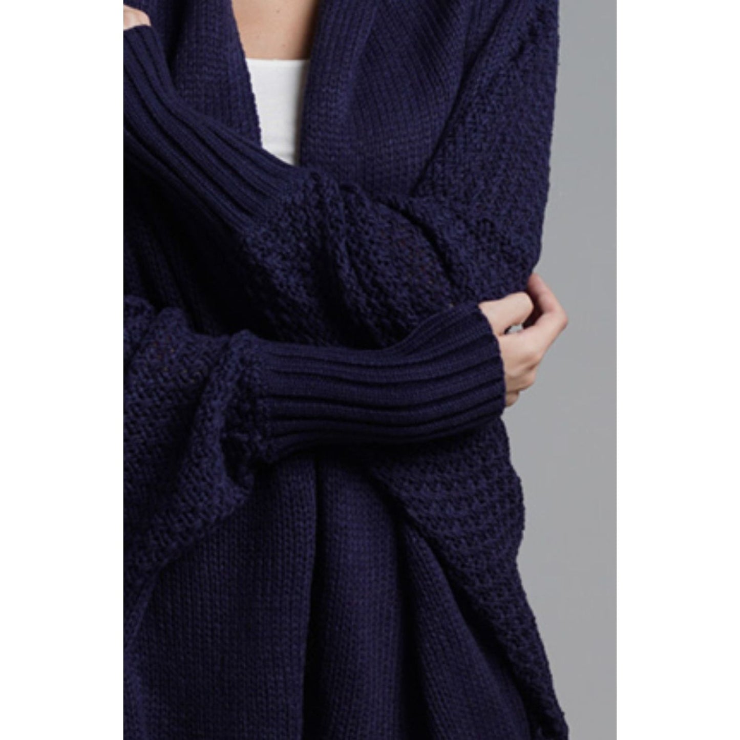 DOUBLE TAKE Dolman Sleeve Open Front Ribbed Trim Longline Cardigan