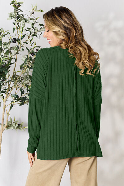 BASIC BAE Full Size Ribbed Round Neck Slit Knit Top