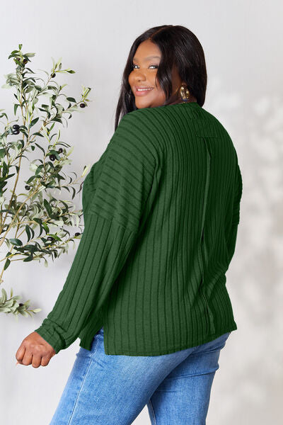 BASIC BAE Full Size Ribbed Round Neck Slit Knit Top