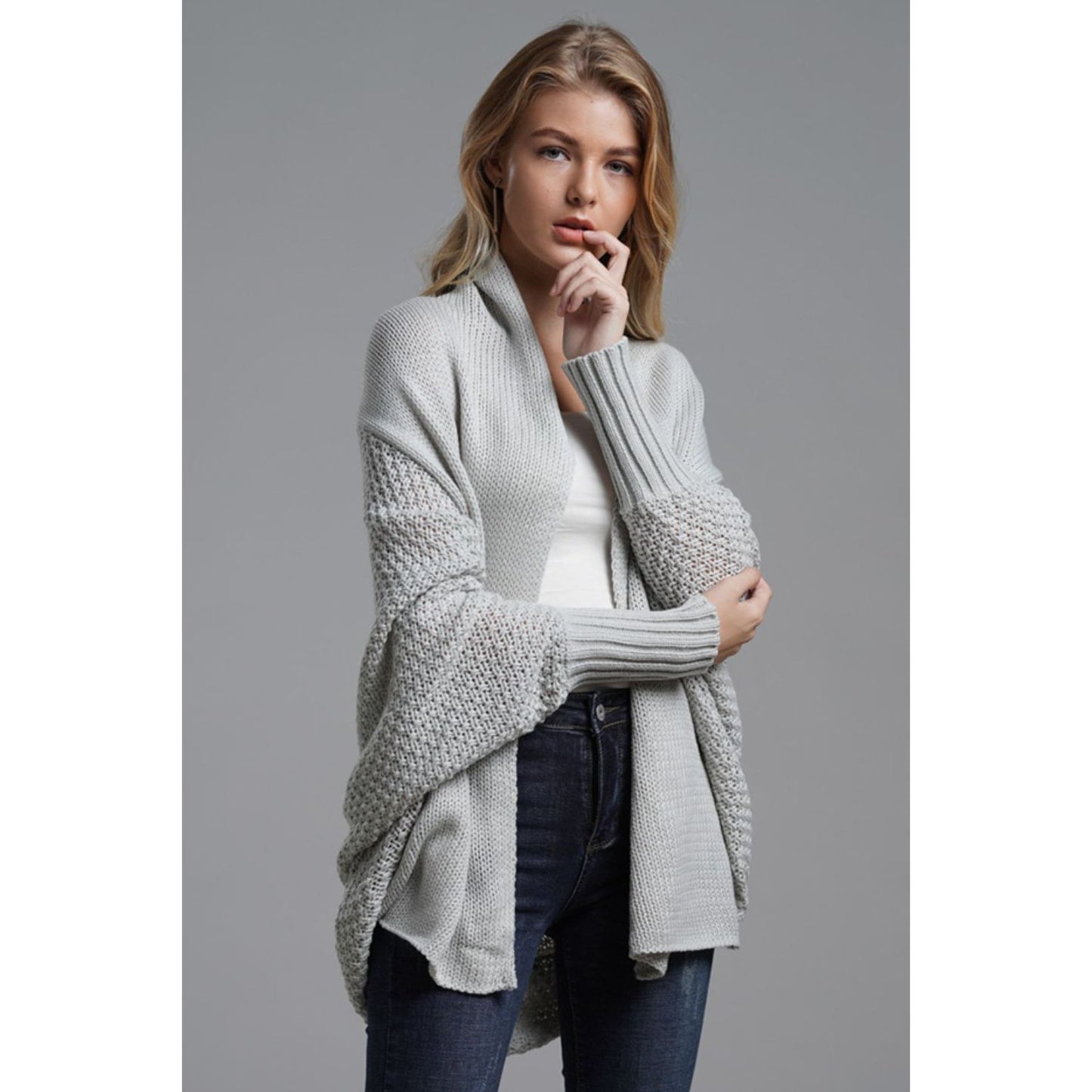 DOUBLE TAKE Dolman Sleeve Open Front Ribbed Trim Longline Cardigan