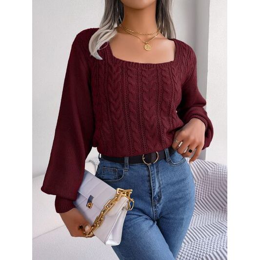 Cable-Knit Square Neck Long Sleeve Sweater
