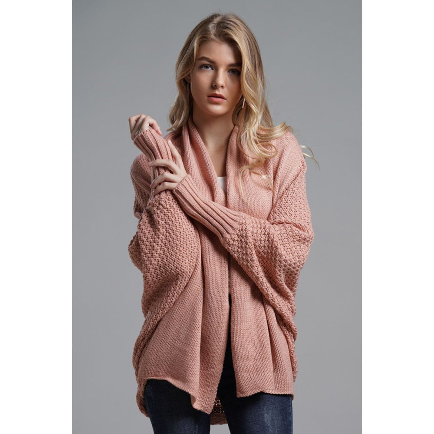 DOUBLE TAKE Dolman Sleeve Open Front Ribbed Trim Longline Cardigan