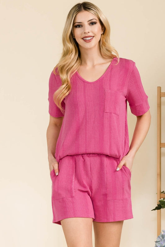 CELESTE Full Size Rib Short Sleeve T-Shirt and Shorts Set