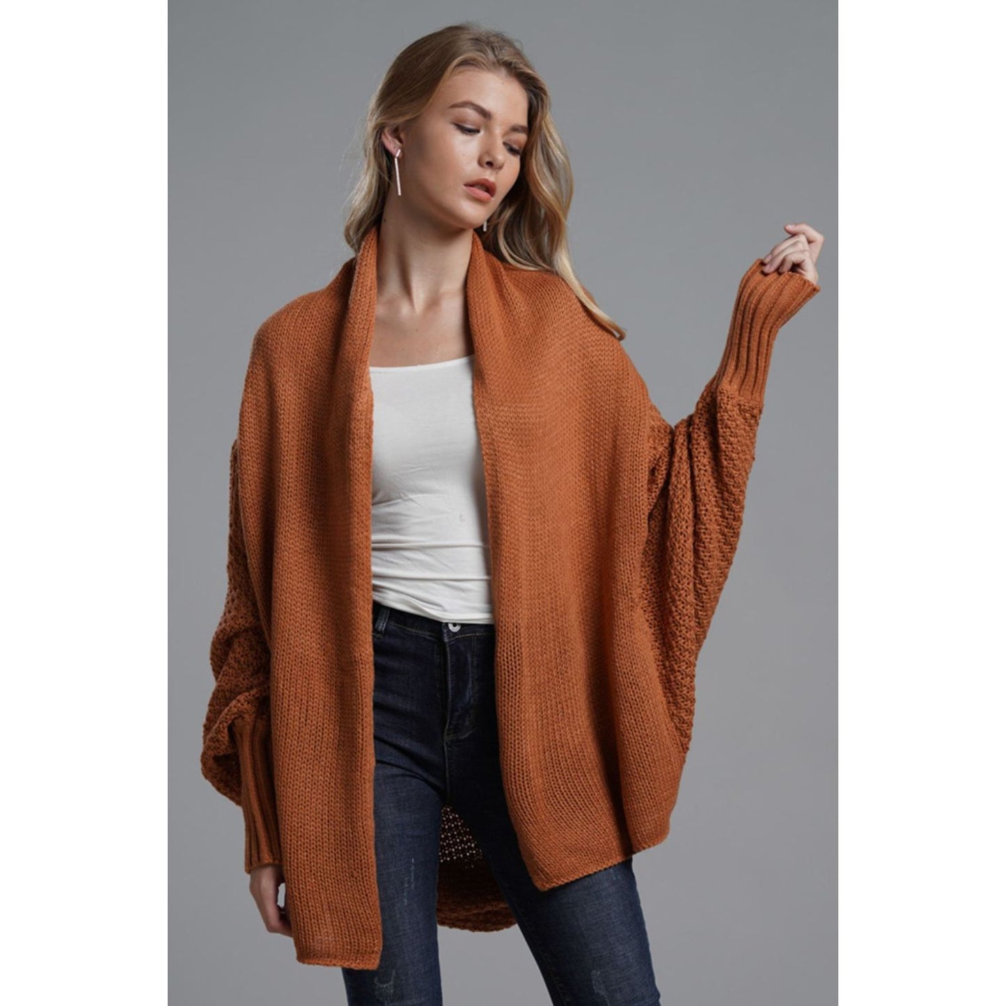 DOUBLE TAKE Dolman Sleeve Open Front Ribbed Trim Longline Cardigan