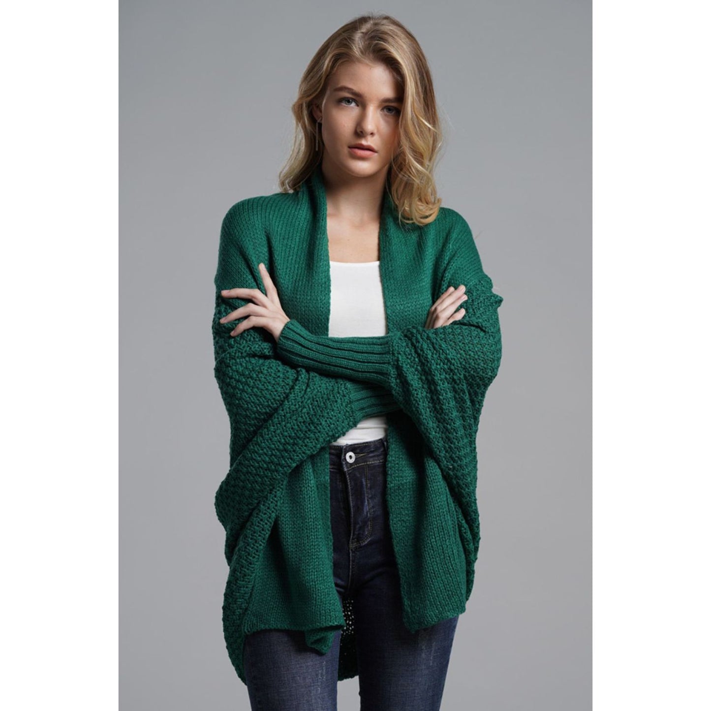 DOUBLE TAKE Dolman Sleeve Open Front Ribbed Trim Longline Cardigan
